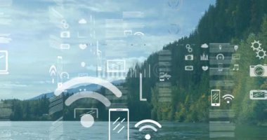 Veri işleme, borsa ve manzara üzerindeki diyagramların animasyonu. Küresel iş, doğa ve dijital arayüz kavramı, dijital olarak oluşturulmuş video.