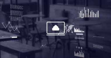 Kafe üzerinden istatistik ve finansal veri işleme animasyonu. Küresel iş, bağlantılar, hesaplama ve veri işleme kavramı dijital olarak oluşturulmuş video.