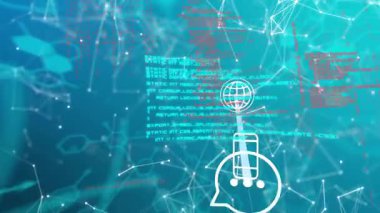 Telefon simgesi kaydırma başlatılırken programlama metni zayıflıyor sonra sohbet ve dünya simgeleri bağlanıyor. Teknoloji, bağlantı, dijital, fütüristik, ağ, yenilik, siber alan