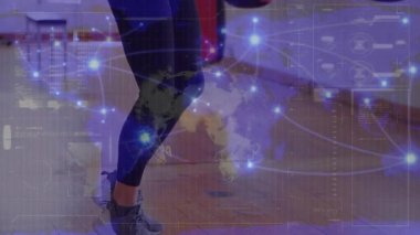 Kafkasyalı boksör kadının ip atlama haritasında dünyanın animasyonu, barlar ve birbirine bağlı noktalar. Dijital bileşim, çoklu pozlama, küreselleşme, ilerleme, spor ve rekabet kavramı.