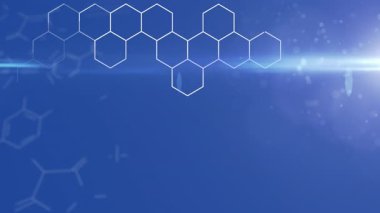 Kimyasal yapılar üzerinde ışık lekesi ve mavi arka planda altıgen şekiller. Tıbbi araştırma ve bilim teknolojisi kavramı