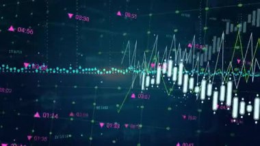 Düğüm ızgarası şamdan çubuklarını ve çizgi grafiklerini başlatıyor, kırmızı sembol oluşuyor, grafik yükseliyor. Fütürist, teknoloji, veri görselleştirme, finansal, analitik, dinamik, canlı