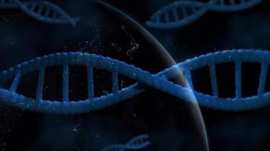 Toz parıldıyor, DNA sarmalları kayıyor gezegen ve parçacıklar ortaya çıkıyor, genetik bağlantıyı görselleştiriyor. Kozmik, geleceksel, moleküler, bilim kurgu, teknolojik, uzay, yenilik