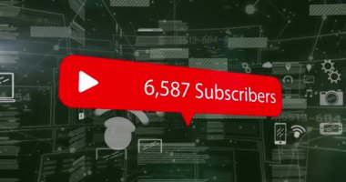 Abonelerin metin, simge ve veri işleme animasyonları. Küresel hesaplama, iş, finans ve veri işleme kavramı dijital olarak oluşturulmuş video.