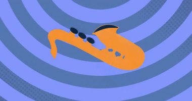 Çerçeveyi dolduran mor halkalar saat yönünde dönen turuncu saksafonu vurgu için döndürüyor. Soyut, enerjik, hareketli, dijital sanat, müzikal, modern, dinamik