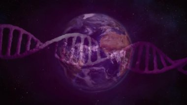 Animasyon DNA sarmalları dönen Dünya üzerinde maddeleşiyor, genetik çeşitliliği gösteren renkleri değiştiriyor. Genetik, astronomi, moleküler biyoloji, bilimsel görselleştirme, kozmik, geleceksel, küresel