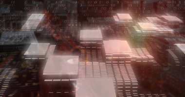 Yüzen kare platformlar, ikili kod akışlarıyla dijital devre kartında sendeleyen satırlar oluşturuyorlar. Teknoloji, yenilik, fütürizm, siber, dijital, soyut, veri