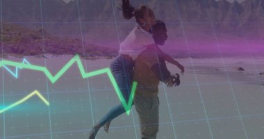 Sahilde dalgalar halinde kadını sırtında taşıyan bir adam. Şebeke örtüsü, neon çizgi grafiği. Romantik, boş, modern, teknoloji, macera, dinginlik, bağlantı