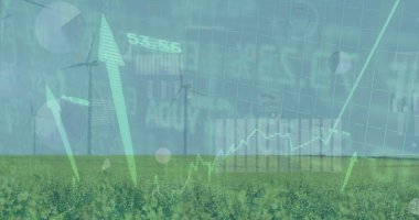 Çiftlikteki sarı ekin tarlasında yükselen rüzgar türbinlerini finansal haritalar ve yeşil oklarla birleştirmek. Yenilenebilir, sürdürülebilirlik, teknoloji, çevre, enerji, canlılık, büyüme