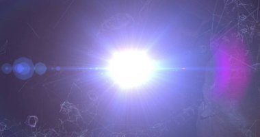 Işık kaynağı, mavi ağ çizgileri, düğümler ve mor merceklerle dijital boşluktaki ışınları yayıyor. Soyut, fütüristik, teknoloji, bağlantı, aydınlanma, canlı, bilim kurgu