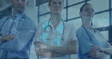 Önlüklü, steteskoplu tıbbi ekip teknoloji koridorunda veri örtüsüyle kol kola geçiyor. Sağlık, yenilik, takım çalışması, dijital, fütüristik, profesyonellik, tıbbi