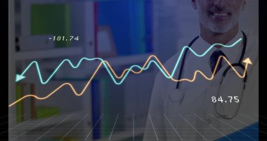 Klinikte steteskop görüntüleme çizgisi grafikleriyle laboratuvar önlüğü ve kravat takan doktor. Tıbbi, sağlık, analiz, profesyonel, veri, araştırma, belirleyici