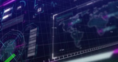 Sanal gösterge panelinde çizelge çizelgeleri ve çubuk grafikleri gösteren UI panelleri neon işaretleyicilerle canlandırılıyor. Fütürist, holografik, görselleştirme, dijital, arayüz, veri, daldırıcı