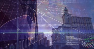 Finans bölgesinde cam gökdelen ve kubbe inşaatı ile ufuk çizgisi sergileniyor, hisse senetleriyle. Modern, metropol, şehir manzarası, teknoloji, yenilik, yatırım, dijital