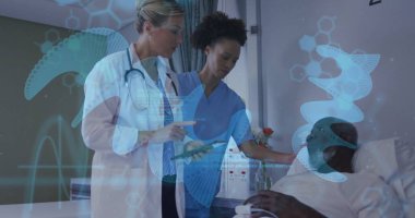 Hastane odasındaki tablet üzerindeki hasta verilerini holografik grafiklerle inceleyeceğiz. Sağlık, yenilik, tanı, teletıp, klinik, geleceksel, hasta bakımı