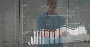 Açık mavi önlük giyen doktor hastanede steteskopla 3D mali tabloları analiz ediyor. Tıbbi, analiz, görselleştirme, sağlık, teknoloji, profesyonel, kısır