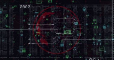 Koyu UI 'da veri göstergesi gösteriliyor, sütunlar dijital simgeler zaman çizelgeleri kırmızı daire içine alınmış dünya. Analizler, siber güvenlik, veri görselleştirme, ui tasarımı, bilgi teknolojisi, dijital arayüz, modern