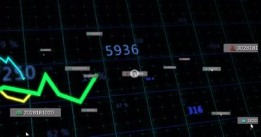 Etiketler veri eğilimlerini gösterirken, ortaya çıkan renkli çizelgeler yükselerek dalgalanır. Analizler, görselleştirme, veri, dijital, teknoloji, gösterge paneli, hareket