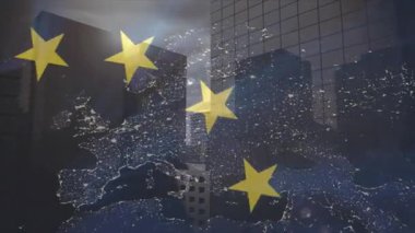 Avrupa haritasında kaybolan altın yıldızlar, AB çemberine kayıyor ve ufuk çizgisi ışıklarını yoğunlaştırıyor. Dijital, ufuk çizgisi, aydınlatma, modern, metropol, kavramsal, fütüristik
