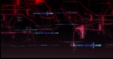 Arkaplan değişen kırmızı çizgiler mavi çizgileri genişletiyor kod kaydırıyor ve düğümler UI 'ya dönüşüyor. Gelecekçi, siber, dijital, teknoloji, veri, ağ oluşturma, soyut