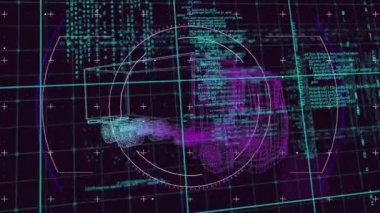 3D araba modelinin animasyonu ve şebeke üzerinde veri işleme. Küresel otomobil mühendisliği, işletme, finans, hesaplama, bağlantılar ve veri işleme kavramı dijital olarak oluşturuldu.