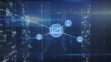 Mavi arka planda bağlı simgelerin canlandırılması, düşen çubuklar, programlama dili ve lens parlamaları. Dijital olarak üretilmiş, hologram, aydınlatılmış, iletişim, kodlama ve teknoloji konsepti.