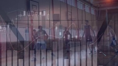 Çeşitli basketbol oyuncuları üzerinde istatistik ve finansal veri işleme animasyonu. Küresel spor, iş, finans ve veri işleme kavramı dijital olarak oluşturulmuş video.