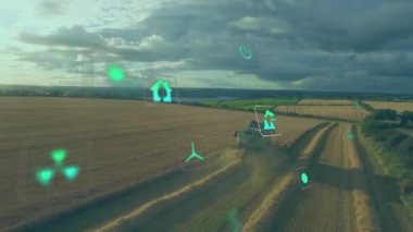 Kırsal tarım arazisi üzerinde ekolojik simgelerin ve veri işlemenin animasyonu. Küresel tarım, tarım, bağlantılar, hesaplama ve veri işleme kavramı dijital olarak oluşturulmuş video