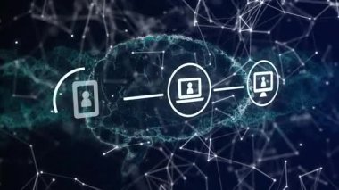 Süzülen düğümler dairesel kümeyi başlatırken beyin örgüsü de cihaz simgelerini topluyor. Teknoloji, bağlantı, dijital, yenilik, ağ, yapay zeka, geleceksel