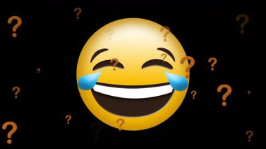 Siyah arkaplanda soru işaretleri olan gülen emoji ikonu animasyonu. Sosyal medya, dijital arayüz, iletişim ve bağlantı konsepti dijital olarak oluşturulmuş video.