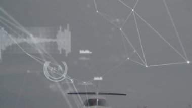 Ağ grafikleri titreşiyor, öncü beyaz jet piste kayarken sistem kontrolü gösteriyor. Uzay, teknoloji, yenilik, havacılık, bağlantı, dijital, fütürist