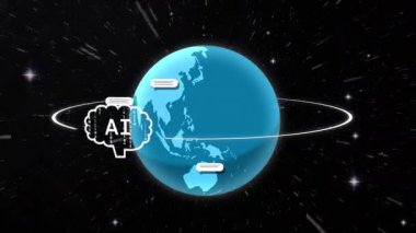 Galaksinin her yerinde dönen yazılar ve uyarılarla dolu bir bulut animasyonu. Dijital olarak üretilmiş, yapay zeka, fütüristik, bulut hesaplama, uzay, küreselleşme, teknoloji,