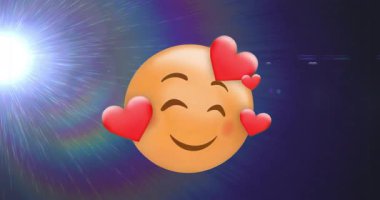 Yüzün ortaya çıkması, kalplerin yanaklarda dolaşmasını tetikliyor. Kozmik düz tasarımda şefkat gösteriyor. Emojis, romantizm, gök, minimalist, dijital sanat, ifade, ruh hali