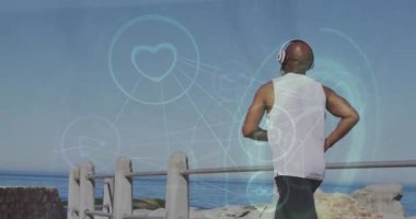 Açık havada koşan çiftler arasındaki bağlantı ağının animasyonu. Küresel iş anlaşması dijital arayüz teknolojisi ve dijital olarak üretilen ağ konsepti.