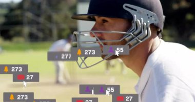 Kafkas erkek kriket oyuncusu üzerinde ikon ve veri işleme animasyonları. Küresel spor, sosyal medya, bağlantılar, hesaplama ve veri işleme kavramı dijital olarak oluşturulmuş video.