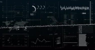 Zaman çizgisini göstermek için akım döngüsü numaralarını atarken dönen dünyayı gösteren gösterge panelinde. Teknoloji, analitik, ön panel, yenilik, fütüristik, ilerleme, veri