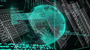 Başlangıçta, UI panelleri mali verileri gösterirken holografik dünya saat yönünde dönüyor. Teknoloji, veri görselleştirme, fütüristik, dijital, analitik, finans, arayüz