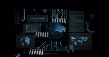 Devre çizgileri dönen dünyayı ve arayüz yüklemesi için güncellenen veri panellerini gösteriyor. Gelecek, teknoloji, veri, arayüz, dijital, görselleştirme, kontrol