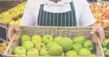 Marketteki Kafkas erkek tezgahtar üzerinden finansal veri işleme animasyonu. Küresel gıda pazarı, iş dünyası, finans, bilgisayar ve veri işleme kavramı dijital olarak oluşturuldu.