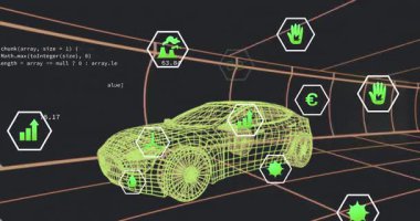 Dijital simgelerin animasyonu ve 3 boyutlu otomobil modelinin kusursuz desenli tünele karşı işlemesi. Otomobil mühendisliği ve teknoloji kavramı
