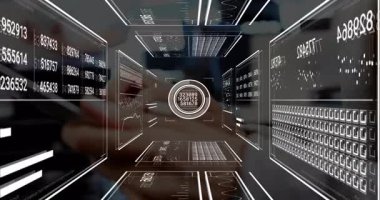 Diz üstü bilgisayarda yazan bir kadın gerçek zamanlı veri izleme için dairesel UI etrafında 3D veri tüneli açıyor. Teknoloji, veri görselleştirme, arayüz, analitik, dalma, fütürizm, profesyonel