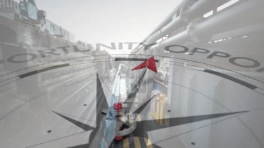 Endüstriyel makineler yerine fırsat metnini gösteren oklu pusula animasyonu. Eğitim, iş, endüstri, hedefler, yön ve iletişim, dijital olarak oluşturulmuş video.