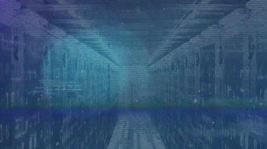 Turkuaz işaret fişeği atımı veri koridorunun arıza çizgisi ile titremesine ve ikili kod akışına neden oluyor. Teknoloji, fütürizm, siber güvenlik, dijital, veri, yenilik, ağ