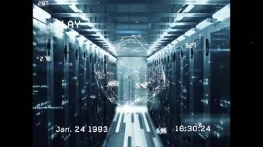 Saat 16: 30 'da kablo küresi cisimleşiyor, dönüyor, akışları ölçeklendiriyor ve ağ aktivitesini canlandırıyor. Gelecekçi, teknoloji, dijital, devre, veri, ağ, siber