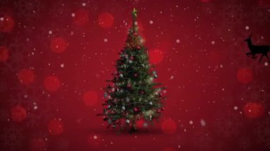 Noel ağacının üstünde Noel Baba 'nın kızakta canlandırması. Noel, kutlama ve dijital arayüz kavramı dijital olarak oluşturulmuş video.