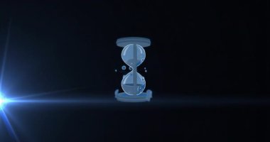 Üç boyutlu şeffaf kum saati göründüğünde mavi sıvı dökülür ve kabarcıklar yükselir, sıvı döngüsü oluşur. Fütürist, soyut, hareket, bilim, teknoloji, akışkan, dijital