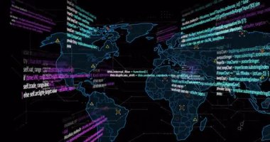 Animation of data processing over world map. Global business, finance, computing and data processing concept digitally generated video.