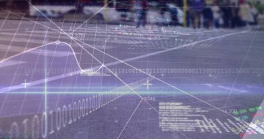 Şehirdeki yaya geçidinde sayısal yüzdelere sahip dijital veri örtüşmeleri ve ikili kod. Fütüristik, teknoloji, siber güvenlik, analitik, şehir, yenilik, veri görselleştirme