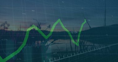 Alacakaranlıkta göl kenarının üzerinde süzülen parlak yeşil trend çizelgesi, şebeke örtüsü ve veri etiketleriyle. Analizler, finans, veri görselleştirme, modern, dingin, doğal, dijital