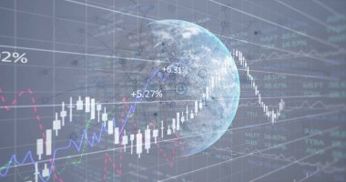 Dünya küresi düğümlerle gösteriliyor, finans panelinde şamdanlarla yüzde etiketleri gösteriliyor. Küresel, veri görselleştirme, analitik, finans, teknoloji, yenilik, dijital